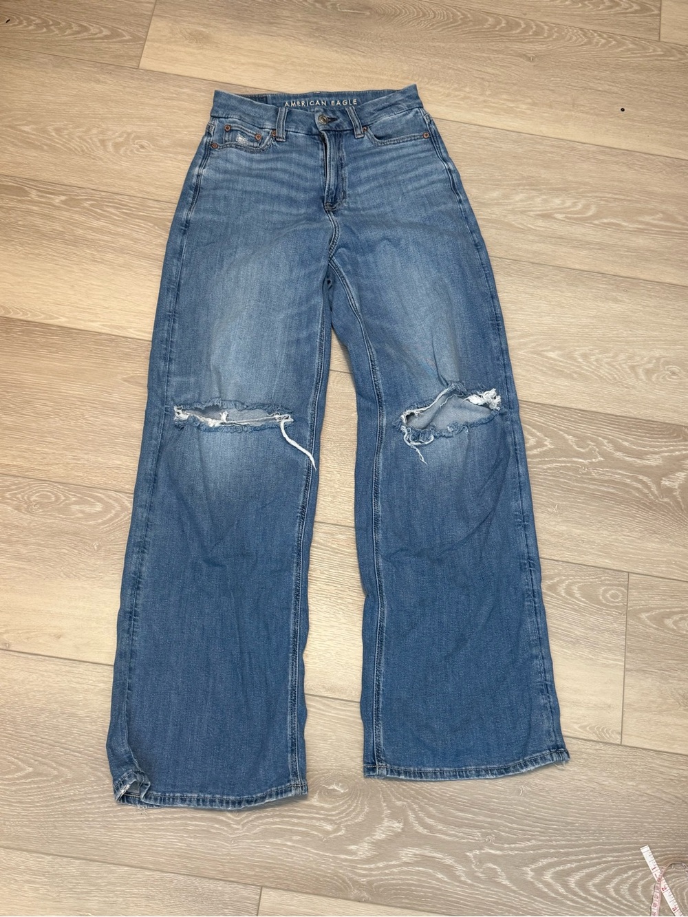 American Eagle Outfitters Blue Distressed Wide-Leg Jeans